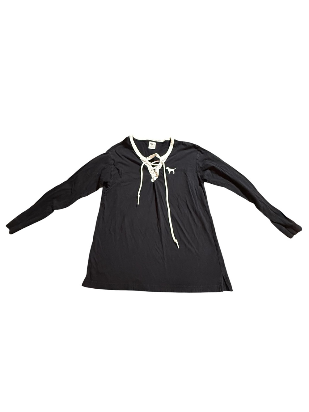 Victoria's Secret PINK Lace Up Long Sleeve Shirt Top Black White Dog Logo M